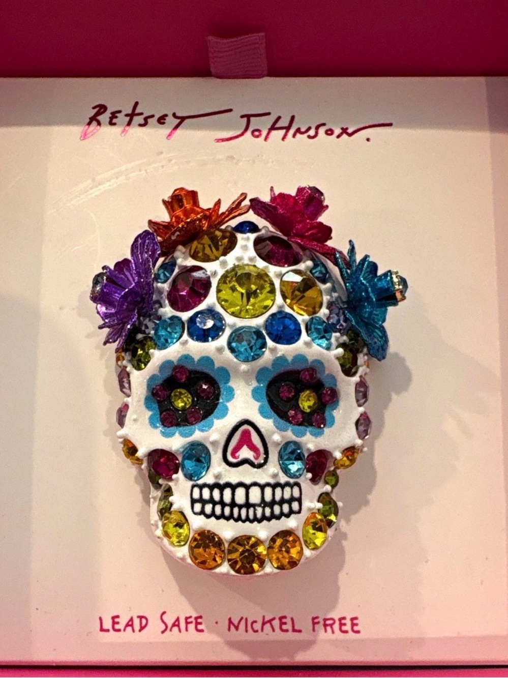 Betsey Johnson White Jeweled Multicolor Sugar Skull Brooch